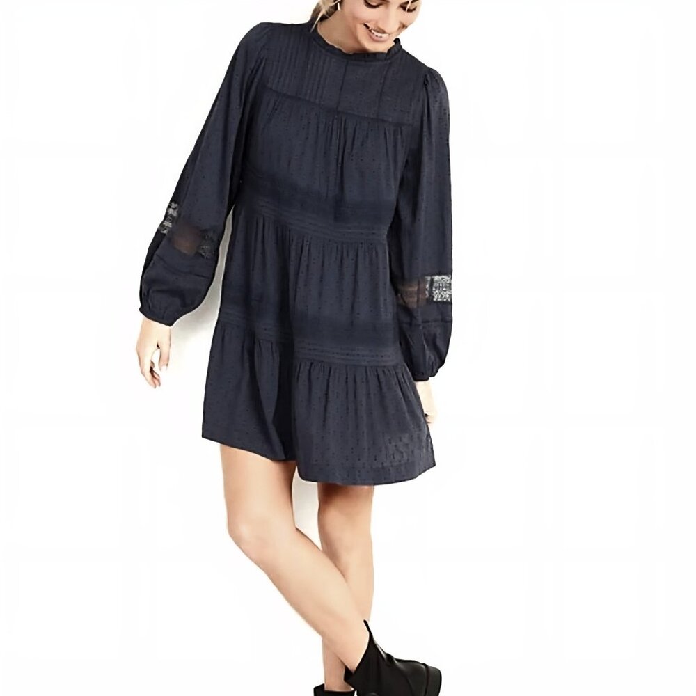 Old Navy Black Tiered Peasant Dress Eyelet Lace Boho Sz M Above Knee Loose